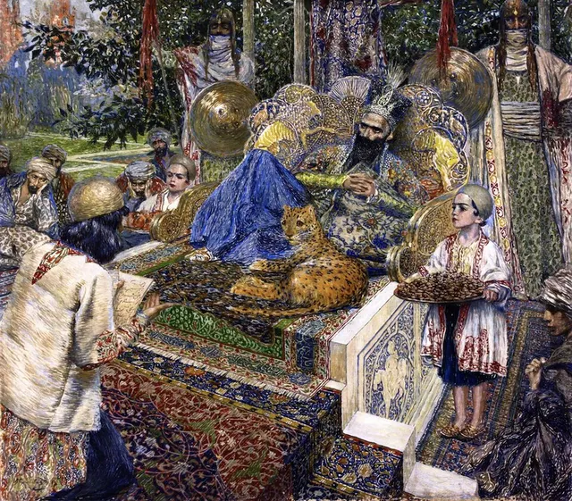 Ferdowsi lisant le poème Shahnameh devant le shah Mahmoud de Ghazni
