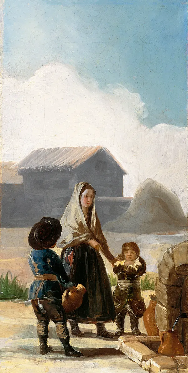 Une femme et deux enfants à la fontaine