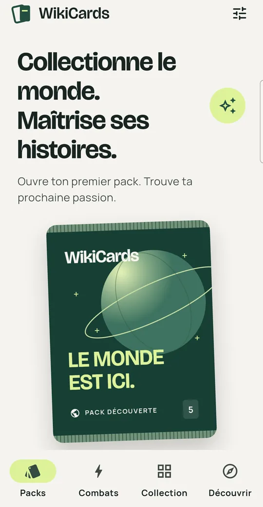 WikiCards home screen, shown in French, with a discovery pack to open