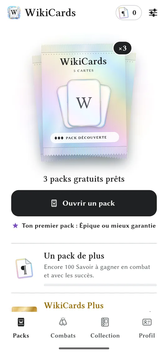 WikiCards home screen with a pack to open